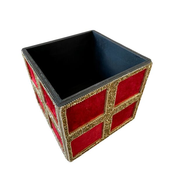 Red Velvet Gold Sequin Christmas Present Gift Box w/ Bow & Lid 7in Holiday Decor - Picture 14 of 15